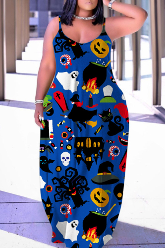 Blue Sexy Casual Print Backless Spaghetti Strap Long Dress Dresses