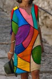 Colour Casual Print Basic V Neck One Step Skirt Dresses