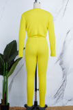 Green Yellow Casual Solid Basic O Neck Long Sleeve Three Piece Set