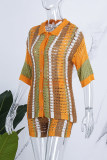 Orange Casual Striped Hollowed Out Buttons Contrast Turndown Collar Half Sleeve Two Pieces