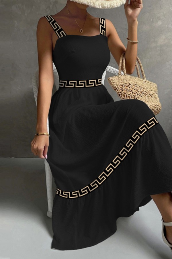 Black Sexy Casual Print Patchwork Backless Square Collar Long Dress Dresses