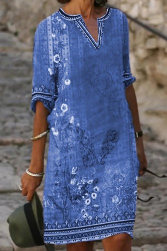 Blue Casual Print Patchwork V Neck A Line Dresses
