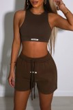 Coffee Casual Solid Basic O Neck Sleeveless Two Pieces