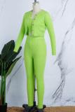 Green Yellow Casual Solid Basic O Neck Long Sleeve Three Piece Set