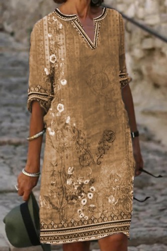 Khaki Casual Print Patchwork V Neck A Line Dresses