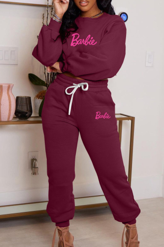 Burgundy Casual Letter Print Basic O Neck Long Sleeve Two Pieces