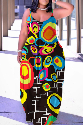Black Sexy Casual Print Backless Spaghetti Strap Long Dress Dresses