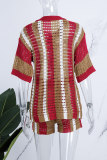 Red Casual Striped Hollowed Out Buttons Contrast Turndown Collar Half Sleeve Two Pieces