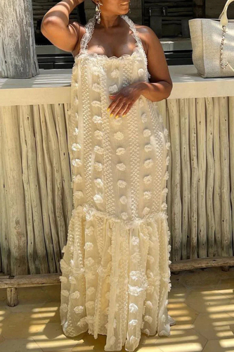 Beige Casual British Style Solid Patchwork Halter A Line Dresses