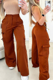 Dark Brown Casual Solid Patchwork Regular High Waist Conventional Solid Color Trousers