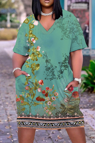 Green Casual Print Patchwork V Neck Short Sleeve Dress