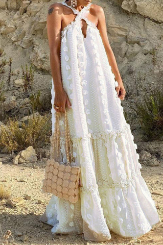 White Casual British Style Solid Patchwork Halter A Line Dresses