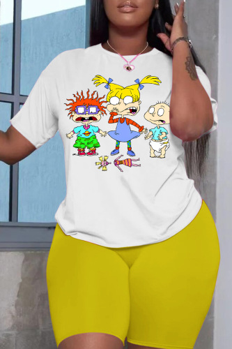 Yellow Casual Cartoon Print Basic O Neck Short Sleeve Two Pieces Yellow Casual Cartoon Print Basic O Neck Short Sleeve Two Pieces