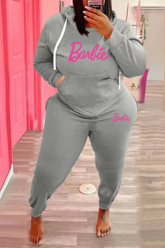 Grey Casual Letter Print Basic Hooded Collar Plus Size Two Pieces
