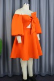 Orange Casual Solid Hollowed Out Backless Off the Shoulder A Line Dresses