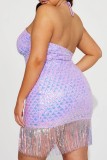 Purple Sexy Patchwork Tassel Sequins Backless Halter Sleeveless Dress Dresses