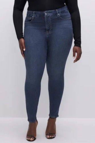 Dark Blue Casual Solid Patchwork High Waist Skinny Denim Jeans
