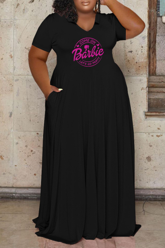 Black Casual Letter Print Basic O Neck Short Sleeve Dress Plus Size Dresses