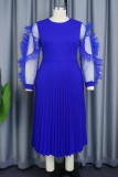 Blue Casual Solid Patchwork Pleated O Neck Long Sleeve Dresses