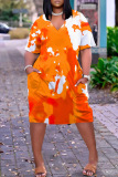 Orange Casual Print Patchwork V Neck Short Sleeve Dress