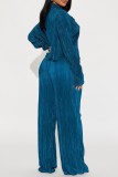 Blue Casual Solid Patchwork Turndown Collar Long Sleeve Two Pieces