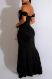 Black Sexy Patchwork Backless Slit Off the Shoulder Evening Dress Dresses