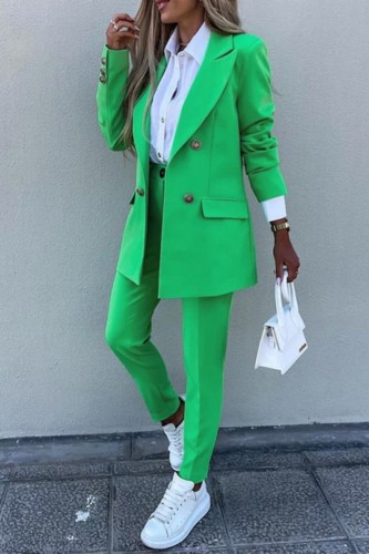 Green Casual Solid Cardigan Pants Turn-back Collar Long Sleeve Two Pieces
