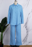 Sky Blue Casual Solid Patchwork Shirt Collar Long Sleeve Two Pieces