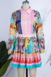 Green Casual Print Patchwork Pleated Shirt Collar Long Sleeve Two Pieces