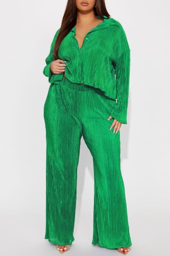 Green Casual Solid Patchwork Turndown Collar Long Sleeve Two Pieces