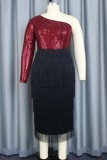 Burgundy Sexy Party Formal Patchwork Tassel Sequins Backless Oblique Collar One Step Skirt Dresses
