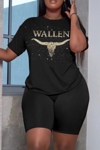Black Casual Print Basic O Neck Short Sleeve Two Pieces