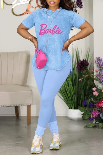 Light Blue Casual Letter Print Basic O Neck Short Sleeve Two Pieces
