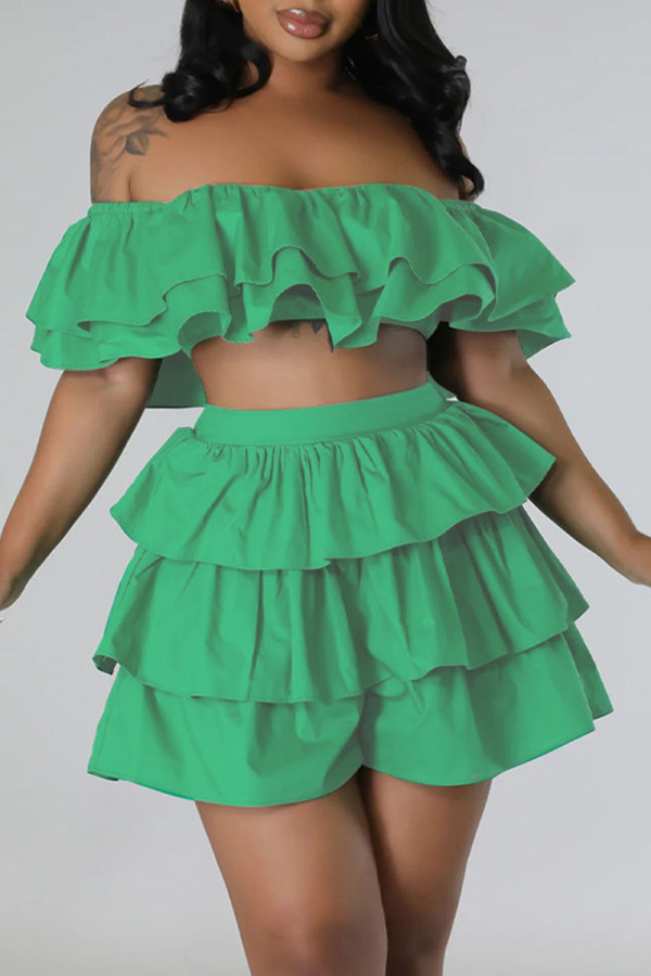 Green Sexy Street Solid Patchwork Flounce Off the Shoulder Short Sleeve Two Pieces