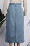Light Blue Casual Solid Patchwork High Waist Regular Denim Skirts