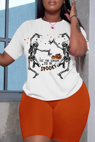 White Orange Casual Skull Head Print Basic O Neck Short Sleeve Two Pieces