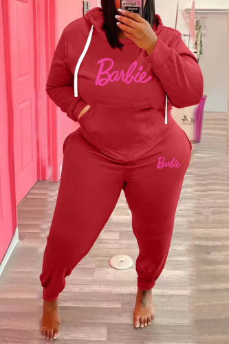 Red Casual Letter Print Basic Hooded Collar Plus Size Two Pieces