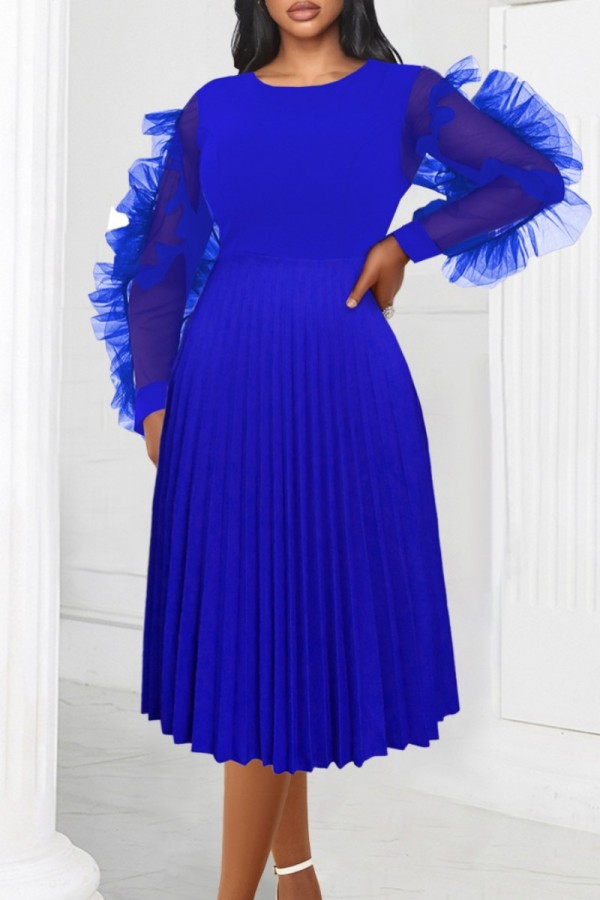 Blue Casual Solid Patchwork Pleated O Neck Long Sleeve Dresses