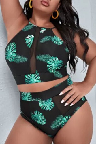 Black Sexy Print Patchwork Backless O Neck Plus Size Swimwear (With Paddings)
