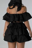 Black Sexy Street Solid Patchwork Flounce Off the Shoulder Short Sleeve Two Pieces