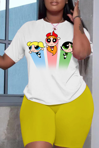 White Yellow Casual Cartoon Print Basic O Neck Short Sleeve Two Pieces