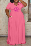 Pink Casual Letter Print Basic O Neck Short Sleeve Dress Plus Size Dresses