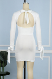 Cream White Casual Solid Hollowed Out Backless V Neck Long Sleeve Dresses