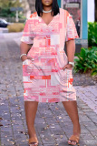 Pink Casual Print Patchwork V Neck Short Sleeve Dress