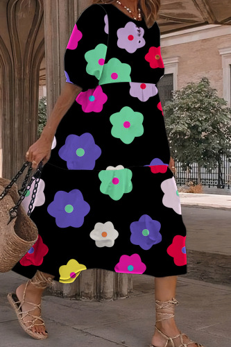 Black Casual Print Patchwork O Neck A Line Dresses