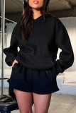Black Casual Solid Basic Hooded Collar Long Sleeve Two Pieces