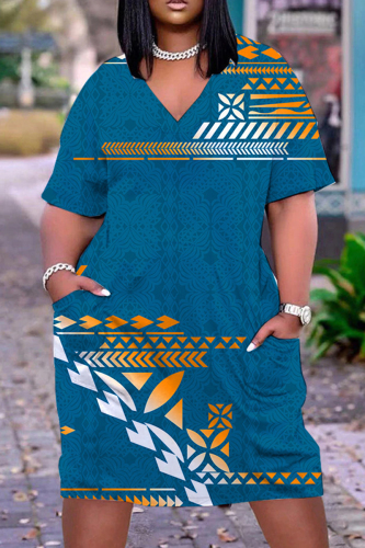 Navy Casual Print Patchwork V Neck Short Sleeve Dress