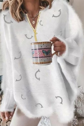 White Casual Print Basic V Neck Tops