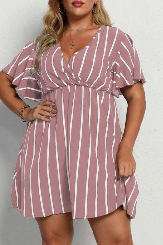 Pink Casual Striped Print Patchwork V Neck Short Sleeve Dress Plus Size Dresses