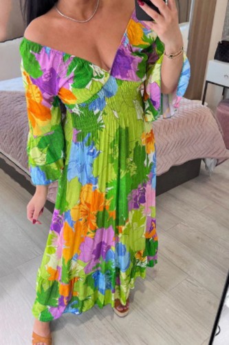 Green Casual Print Patchwork V Neck Long Dress Dresses